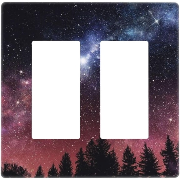 Space Outer Forest Starry Night Sky Galaxy 2 Gang Double Decorator Light Switch Cover Decorative GFCI Rocker Outlet Wall Plate Outlet Cover Electrical Faceplate Switchplate Screwless for Dimmer