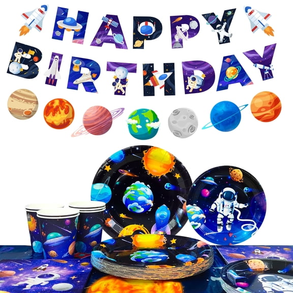 Space Party Supplies, 105 Pcs Outer Space Birthday Tableware - Plates Napkins Tablecloth Banner Garland Etc for Space Birthday Decorations