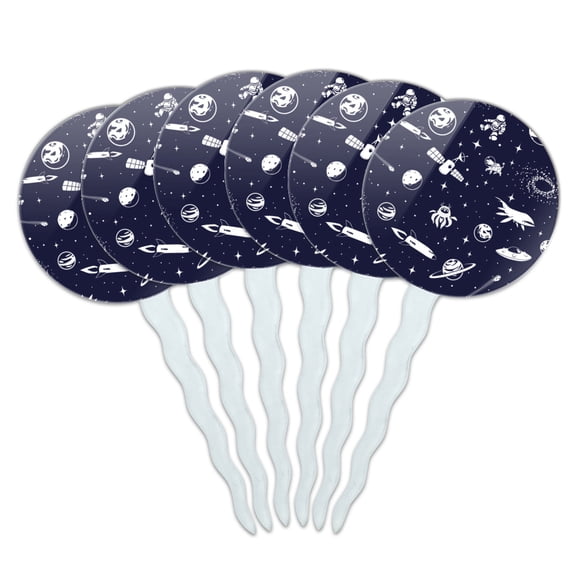 Space Pattern with Stars Planets Aliens Astronauts Spaceships Dogs Cupcake Picks Toppers Decoration Set of 6