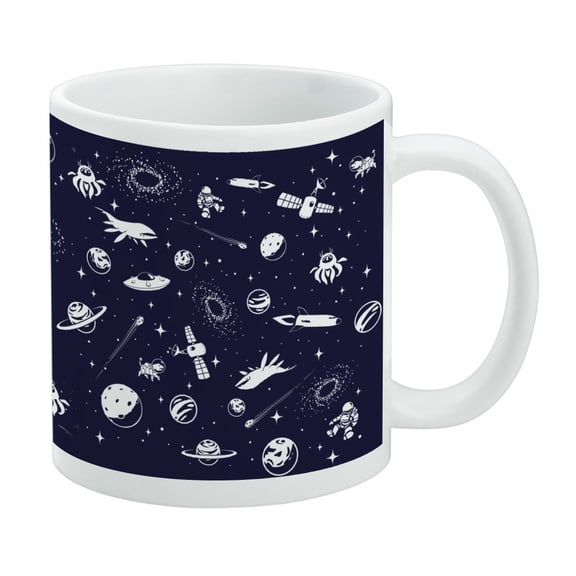 Space Pattern with Stars Planets Aliens Astronauts Spaceships Dogs White Mug