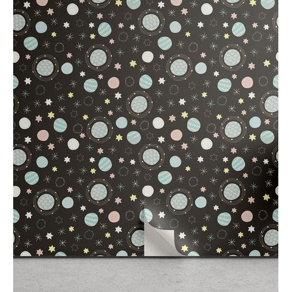 Space Peel & Stick Wallpaper, Pastel Planetary Cosmos Galaxy Stars with Zigzags and Stripes Dots Print, Self-Adhesive Living Room Kitchen Accent, 3 Sizes, Dark Taupe Multicolor, by Ambesonne