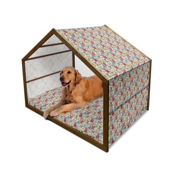 Space Pet House, Geometric Grid Design with Stripes Dots Retro Background Robot Pattern, Outdoor & Indoor Portable Dog Kennel with Pillow and Cover, 5 Sizes, Multicolor, by Ambesonne