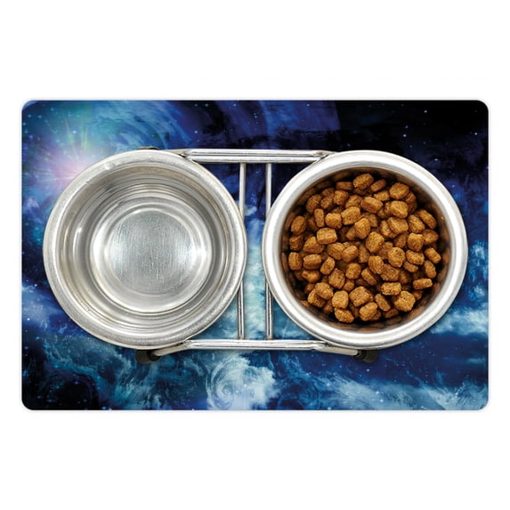 Space Pet Mat for Food and Water, Nebula Gas Cloud on Celestial Sphere Universe Themed Infinity Design Galaxy Art Print, Non-Slip Rubber Mat for Dogs and Cats, 18" X 12", by Ambesonne