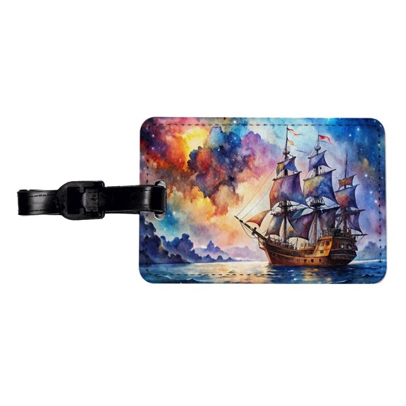 Space Pirate Ship Watercolor Faux Leather Travel Luggage Tag