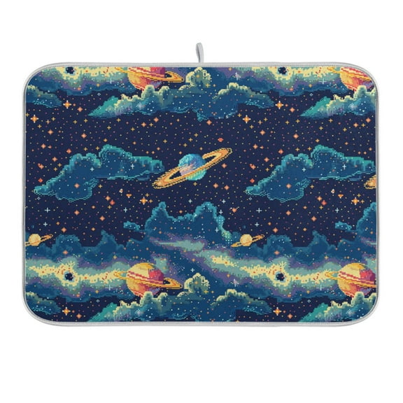 Space Pixel Style Dish Drying Mat 16x18 Absorbent Microfiber Draining Rack Pad for Kitchen Counter Sink
