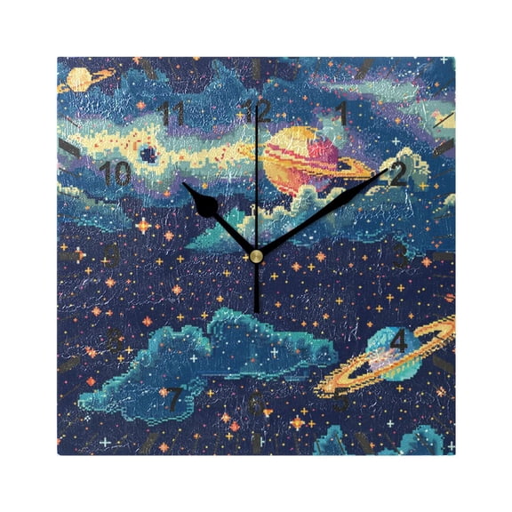 Space Pixel Style Wall Clock Battery Operated Silent Non-Ticking Bedroom Office Kitchen Home School Decor 7.8"(Black)