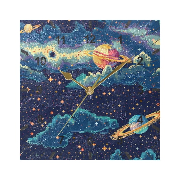 Space Pixel Style Wall Clock Battery Operated Silent Non-Ticking Bedroom Office Kitchen Home School Decor 7.8"(Gold)
