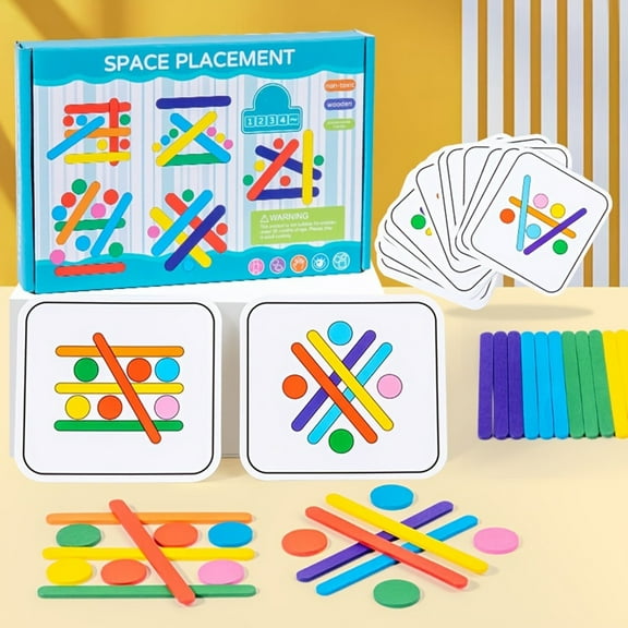 Space Placement Rainbow Stick Puzzle Game - 1 Color Box With 18 Question Cards, 24 Long Sticks, 10 Small Round Discs For Kids, Educational Play, Brain Teaser, Party Activity,