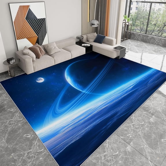 Space Planet Area Rugs, Blue Moon Planets Carpet, Washable Non Slip Low Pile Soft Rug for Living Room Bedroom Office Decor Mat 5x8ft
