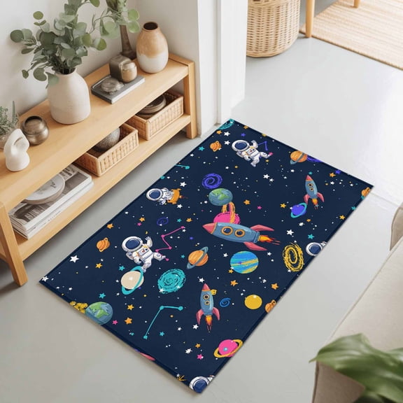 Space Planet Cartoon Rocket Rectangle Rug 2'x3' Stars and Moon on Black Washable Area Rugs for Living Room Bedroom Entryway Non Slip Entrance Door Mat Indoor Floor Carpet