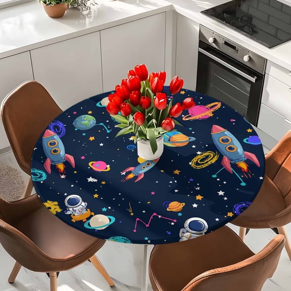 Space Planet Cartoon Rocket Round Fitted Tablecloth with Elastic Edge,Waterproof Table Cloth Fits Tables Up to 36"-44",Wipeable Table Cover for Indoor Outdoor Dinning Party,Stars and Moon on Black