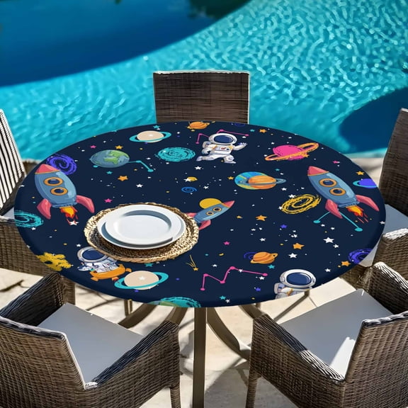 Space Planet Cartoon Rocket Round Fitted Tablecloth with Elastic Edge,Waterproof Table Cloth Fits Tables Up to 45"-54",Wipeable Table Cover for Indoor Outdoor Dinning Party,Stars and Moon on Black