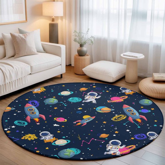 Space Planet Cartoon Rocket Round Rug 5ft Stars and Moon on Black Washable Area Rugs for Living Room Bedroom Entryway Non Slip Entrance Door Mat Indoor Floor Carpet