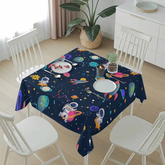 Space Planet Cartoon Rocket Table Cloth 54x54in, Waterproof Square Tablecloth Wipeable Tablecloths Stars and Moon on Black Table Covers for Dining Tables Party Indoor Outdoor