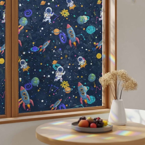 Space Planet Cartoon Rocket Window Privacy Film,Heat Control Sun Blocking Static Cling Rainbow Film,Stars and Moon on Black Non-Adhesive Glass Sticker Door Window Tint,29.5" x 78.7"