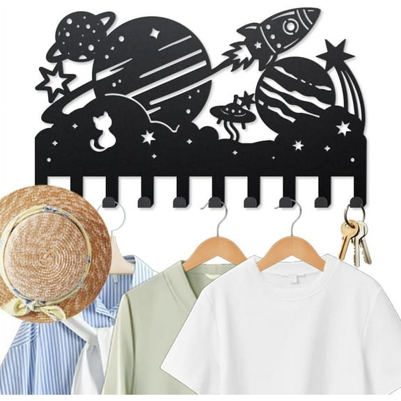 Space Planet Coat Rack Wall Mount Metal Rocket Cat Coat Hooks for Hanging 15.79.3inch Star Spaceship Black Wall Art Decor Key Holder with 10 Hooks for Gift Coats Hats Towels Bags Hanging Making DIY