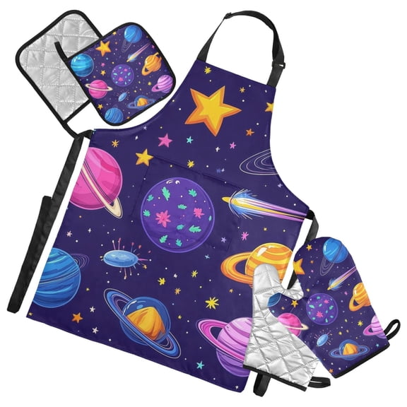 Space Planet Design Oven Mitts and Pot Holders with Chef Apron Set 5 Pcs Kitchen Cooking Set