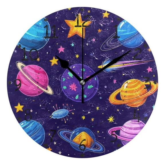 Space Planet Design Round Wall Clock Silent Battery Operated Home Decor for Living Room Bedroom