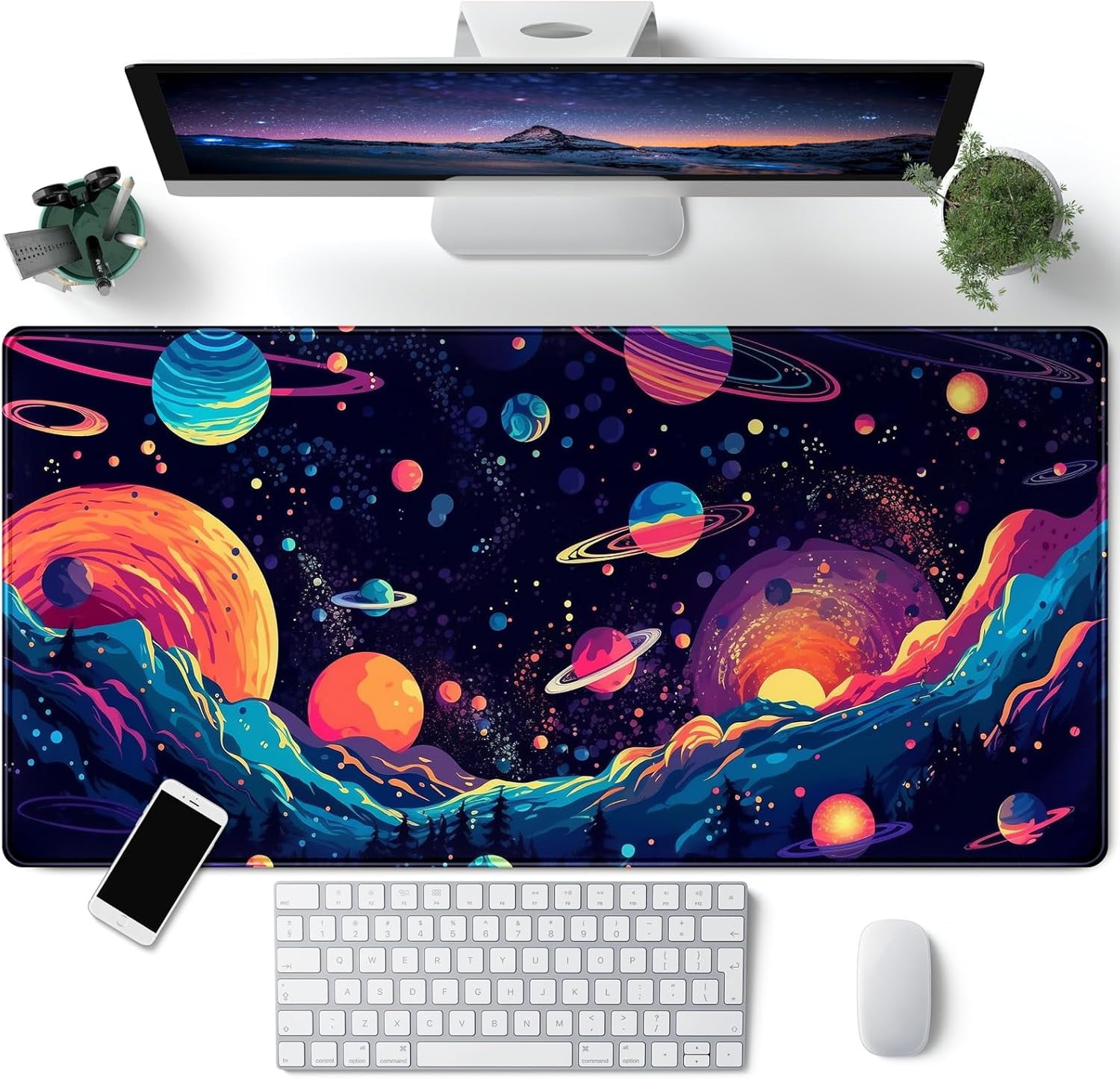 Space Planet Desk Mat - Cute Large Purple Gaming Mouse Pad, Kawaii Galactic Explorer Starry Desk Pad, 31.5x15.7 Inch XXL Extended Mousepad Desk Decor for Laptop
