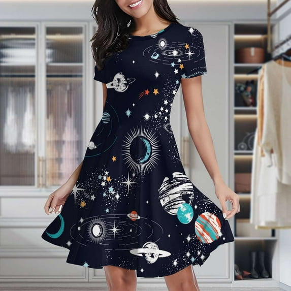 Space Planets Constellation Women's Classic Swing Skater Dress Casual Work Party Cocktail Dresses