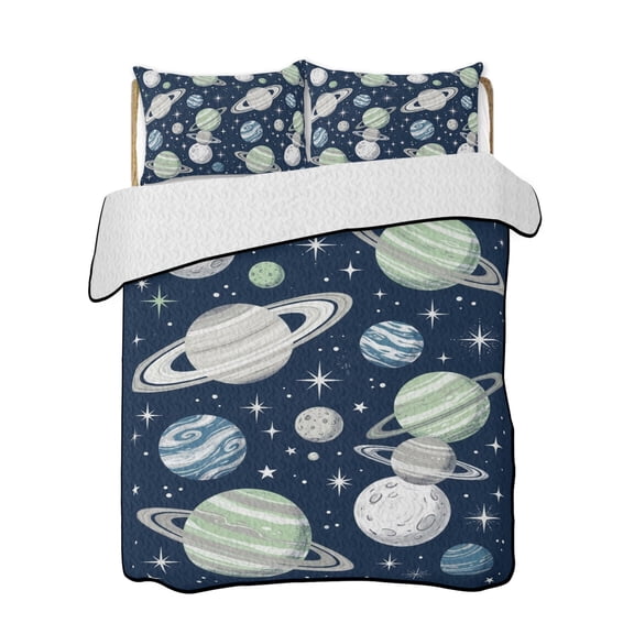 Space Planets Stars 3 Piece Quilt Bedding Set with 2 Pillow Shams, Abstract Green Blue Grey Planets Navy Blue Lightweight Bedspread Coverlet, Soft Breathable All Season Quilt, 68 x 86 Inch