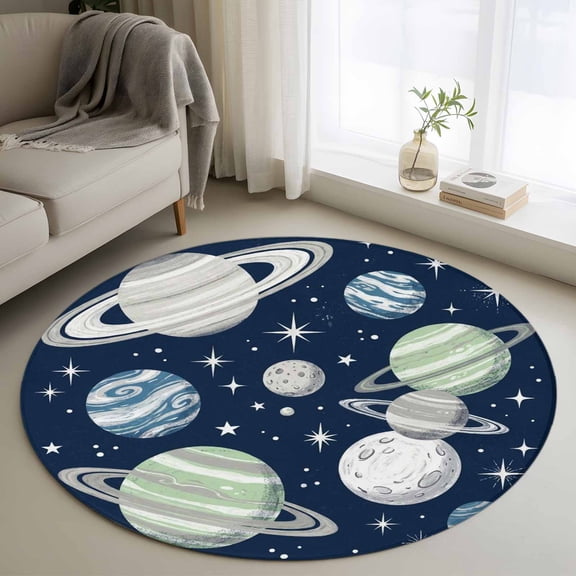 Space Planets Stars 3FT Round Area Rugs Abstract Green Blue Grey Planets Navy Blue Soft Small Round Rug Non-Slip, Ultra-Thin Indoor Circle Carpet for Bedroom Entryway Kitchen Bathroom