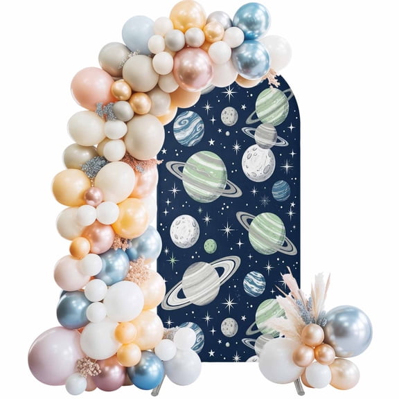 Space Planets Stars Arch Backdrop Cover 4 FT Abstract Green Blue Grey Planets Navy Blue Stretchy Elastic Arch Stand Covers Spandex Arched Background Birthday Wedding Party Decoration (No Stand)