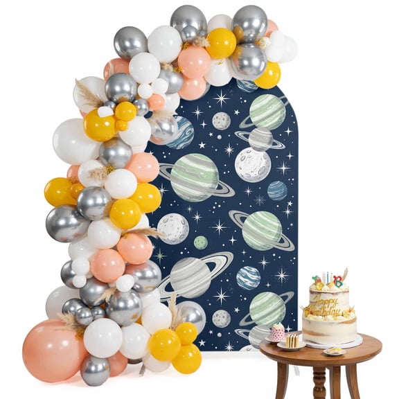 Space Planets Stars Arch Backdrop Cover 4FT Abstract Green Blue Grey Planets Navy Blue Spandex Fitted Arch Covers Stretchy Backdrop Decoration for Wedding Birthday Graduation Party