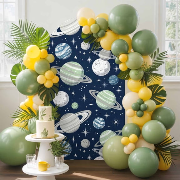 Space Planets Stars Arch Backdrop Cover, 5FT, Abstract Green Blue Grey Planets Navy Blue Spandex Arch Covers Double-Sided Backdrop for Wedding Birthday Party Photo Background Decoration