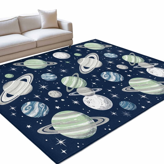 Space Planets Stars Area Rugs 5x7ft Abstract Green Blue Grey Planets Navy Blue Washable Rug, Non Slip Indoor Carpet Absorbent Floor Mat for Living Room Bedroom Dining Room
