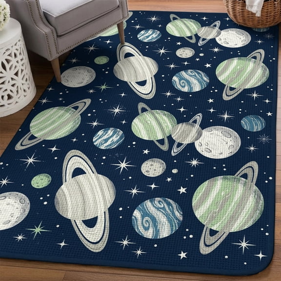 Space Planets Stars Area Rugs for Living Room 5x6, Abstract Green Blue Grey Planets Navy Blue Washable Area Rug Non Slip, Stain Resist Linen Carpet for Bedroom, Dining Room, Entryway, Entrance