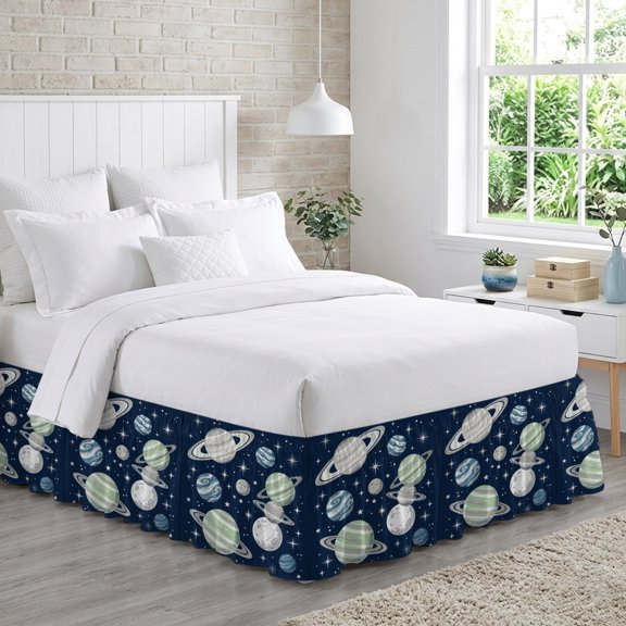 Space Planets Stars Bed Skirt California King Size 18 Inch Drop, Abstract Green Blue Grey Planets Navy Blue Adjustable Elastic Dust Ruffles Bedskirt Wrap Around Pleated Mattress Frame Cover