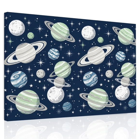Space Planets Stars Canvas Print Wall Art, Abstract Green Blue Grey Planets Navy Blue Wall Decor Modern Artwork Paintings Pictures for Living Room Framed and Stretched Ready to Hang 12" x 16"