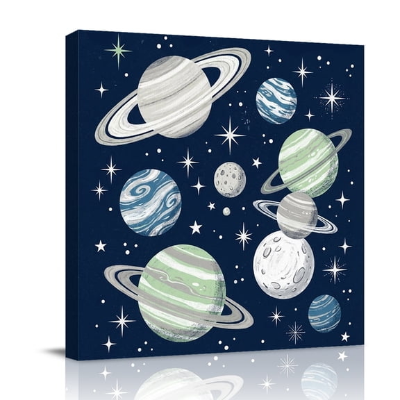 Space Planets Stars Canvas Wall Art for Living Room, Abstract Green Blue Grey Planets Navy Blue Wall Decor Framed Artwork Pictures Ready to Hang for Bedroom Office Home Decor