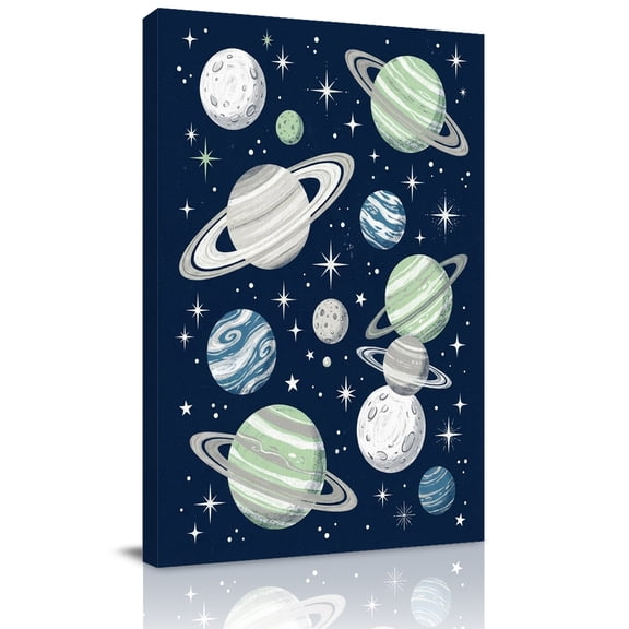 Space Planets Stars Canvas Wall Art for Living Room, Abstract Green Blue Grey Planets Navy Blue Wall Decor Framed Artwork Pictures Ready to Hang for Bedroom Office Home Decor