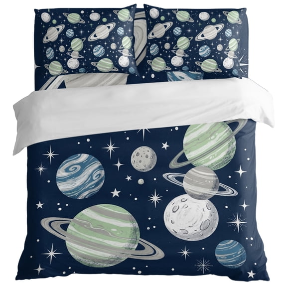 Space Planets Stars Duvet Cover Set Full Size, Abstract Green Blue Grey Planets Navy Blue 4 Piece Bedding Set with Zipper Closure & Corner Ties Soft Breathable Comforter Cover for Bedroom