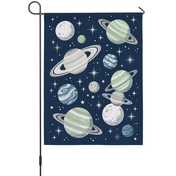 Space Planets Stars Garden Flag 12 x 18 Inches, Abstract Green Blue Grey Planets Navy Blue Weather Proof Outdoor Patio Flags Double Sided Small Garden Decoration for Yard Outside Home