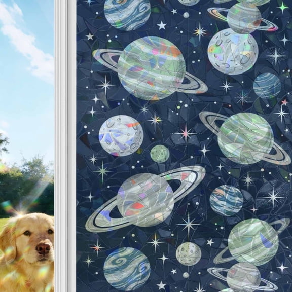 Space Planets Stars Rainbow Window Privacy Film, Abstract Green Blue Grey Planets Navy Blue Stained Glass Window Film, Sun Blocking Glass Clings Non Adhesive Door Stickers 17.7 x 39.3 Inches