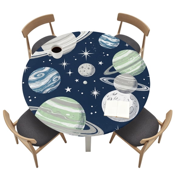 Space Planets Stars Round Fitted Table Cover Abstract Green Blue Grey Planets Navy Blue Waterproof Table Cloth with Elastic Edge Wipeable Tablecloth for Picnic Camping Party Fits 36"-44" Tables