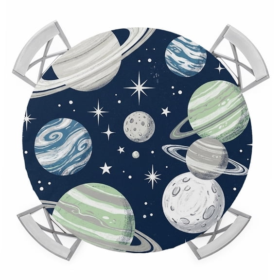 Space Planets Stars Round Fitted Tablecloth with Elastic Edge, Abstract Green Blue Grey Planets Navy Blue Table Cover Fit for 45"-54" Tables Waterproof Tablecloths for Dinner Camping Picnic