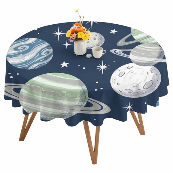 Space Planets Stars Round Tablecloth 54 inches Abstract Green Blue Grey Planets Navy Blue Waterproof Oil-Proof Table Cloth Round Table Cover for Holiday Party Picnic Dinner Decor Indoor Outdoor Use