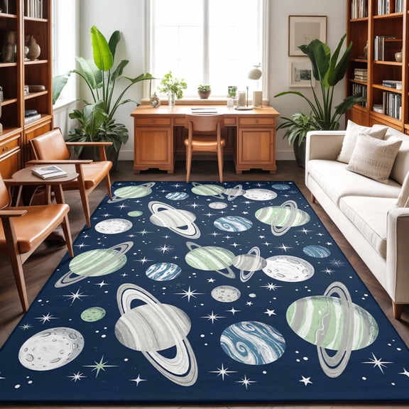 Space Planets Stars Washable Area Rug 9 x 12 ft Abstract Green Blue Grey Planets Navy Blue, Soft Non Slip Rugs Stain Repellent Indoor Felt Carpet for Living Dining Room Bedroom Home Office