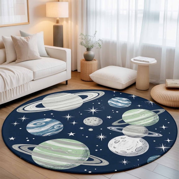 Space Planets Stars Washable Round Area Rug 3.3 ft, Abstract Green Blue Grey Planets Navy Blue, Soft Non Slip Rugs Stain Repellent Indoor Felt Carpet for Living Dining Room Bedroom Home Office