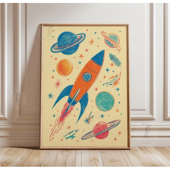 Space Poster Rocket And Planets Illustration Room Wall Art Nursery, Unframed Poster