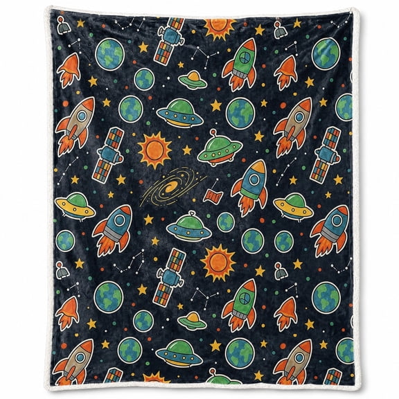 Space Print Sherpa Blanket, Polyester Fleece Throw with Sherpa Back, Rockets Planets UFO Stars, Machine Washable, Multiple Sizes