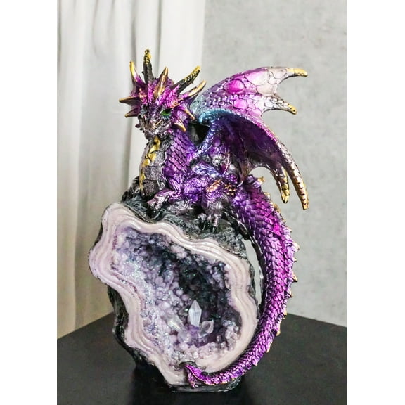 Space Purple Iridescent Dragon On Faux Geode Rock Quartz Crystal Cove Figurine