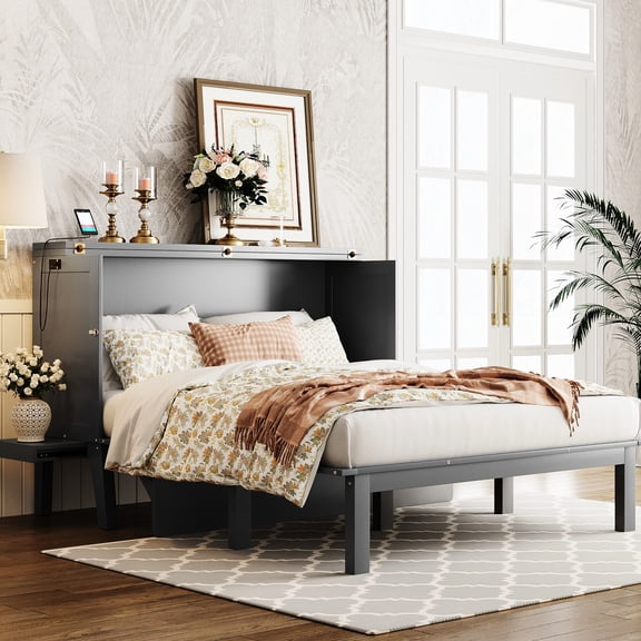 Space Queen Bed With Power And Removable Side Desk Shelves - Dependable Queen-size Bedroom Shelf Units Stable Build