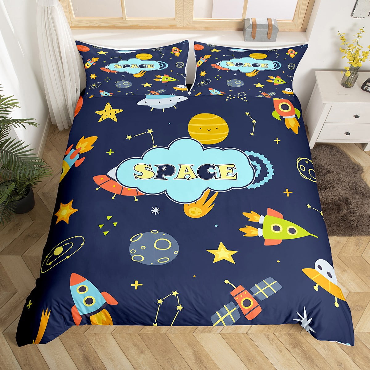 Space Queen Duvet Cover for Boys Girls Cartoon Rocket Ship Bedding Set