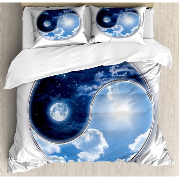Space Queen Size Duvet Cover Set, Yin Yang World with Moon and Sun Harmony of the Universe Art Print, Decorative 3 Piece Bedding Set with 2 Pillow Shams, Navy Blue Sky Blue White, by Ambesonne