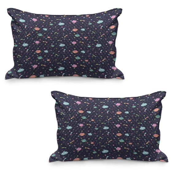 Space Quilted Pillowcover Set of 2, Alien Planets with Shooting Stars and Polka Dots Galaxy Heavenly Bodies Asteroid, Standard Queen Size Pillow Cover for Bedroom, 30" x 20", Multicolor, by Ambesonne